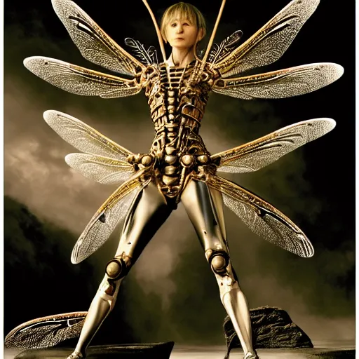 Image similar to still frame from Prometheus movie by Makoto Aida, biomechanical dragonfly angel gynoid, metal couture by neri oxmn and Guo pei, editorial by Malczewski and by Caravaggio