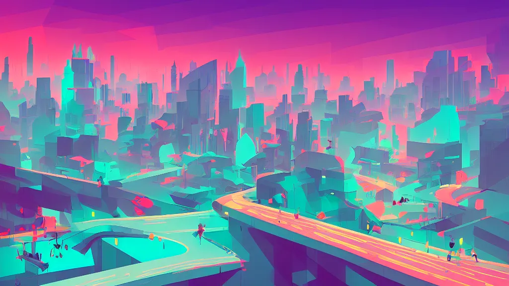 Image similar to downtown traffic, buildings, and lake, by anton fadeev