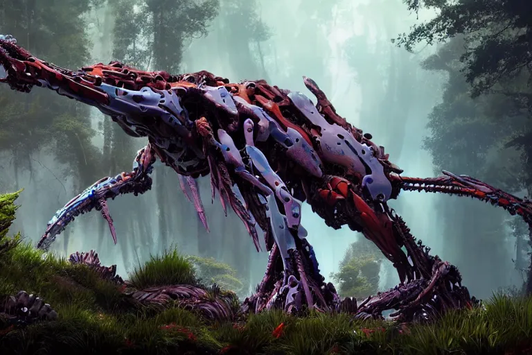 Image similar to a hyper detailed fanghorn evangelion realistic mechanical and organic creature similar look as horizon forbidden west horizon zero dawn, bioluminiscence in a dark deep forest at dawn in spring, with reflection and textures, by kilian eng, substance painter reaslitic mech surface metal painted scratches,