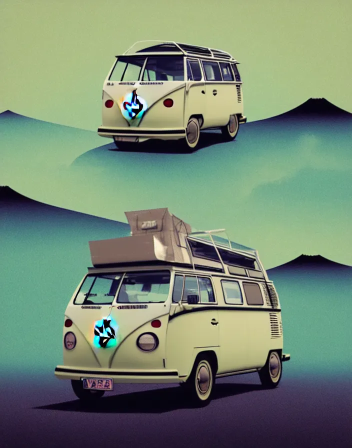 Image similar to front view vw camper touring rural japan, a collage painting, in the style of wes anderson, lola dupre, david hockney, isolated on negative white space background dark monochrome fluorescent spraypaint accents volumetric octane render, no double figure