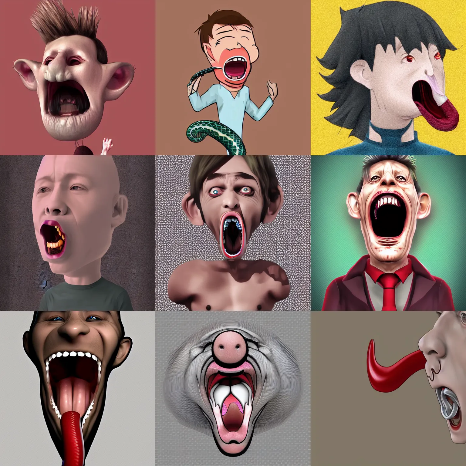 Prompt: man with a snake’s tongue coming out of his mouth, 3D, chibi, anime, digital art