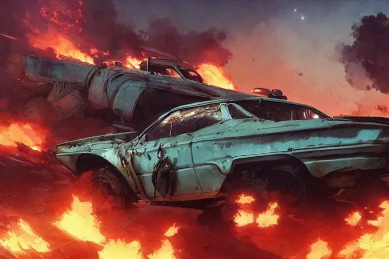 Image similar to 2 0 0 1 space odyssy diesepunk fairmont wagon mad max speeding through a burning fuel depot chase under fire explosion by greg rutkowski makoto shinkai takashi takeuchi studio ghibli, akihiko yoshida