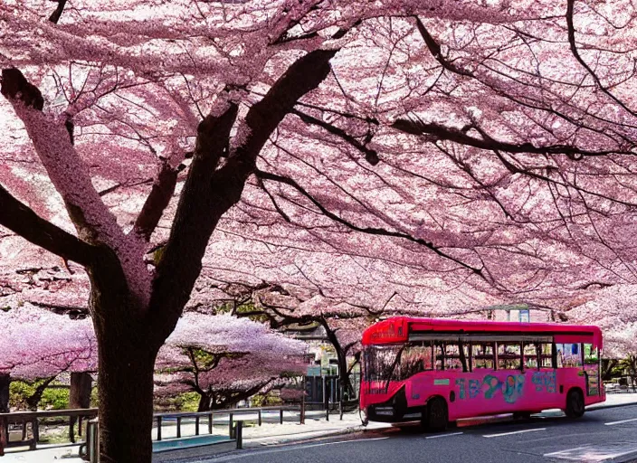 Image similar to a bus stop in kyoto where cherry blossoms bloom a warm pink color pixel art.