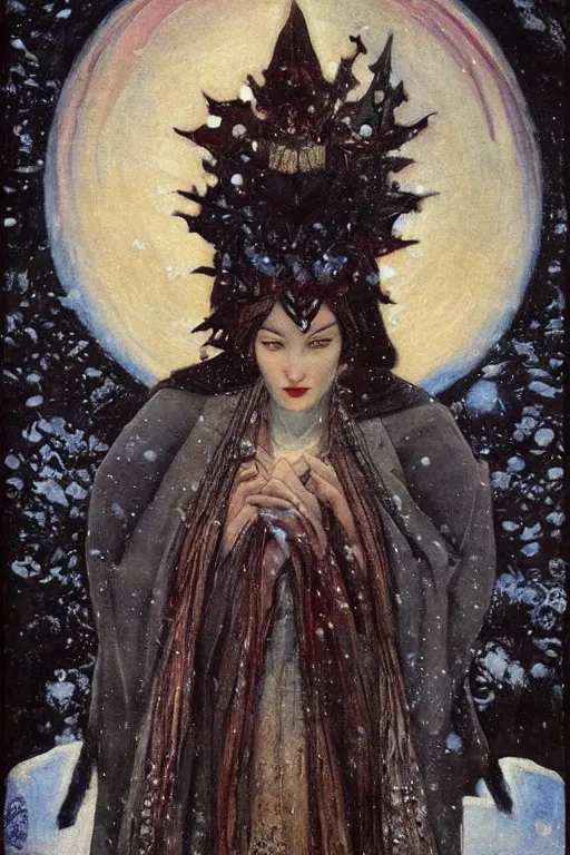 Image similar to goth queen of winter in the snow by Annie Swynnerton and Nicholas Roerich, strong dramatic cinematic lighting , ornate headdress , flowing robes, lost civilizations, smooth, sharp focus, extremely detailed