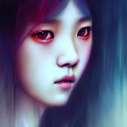 Image similar to jisoo of blackpink, hyperrealistic portrait, bladerunner street, by karol bak and agnes cecile, fantasy art, photo realistic, dynamic lighting, artstation, poster, volumetric lighting, very detailed face, 8 k, award winning