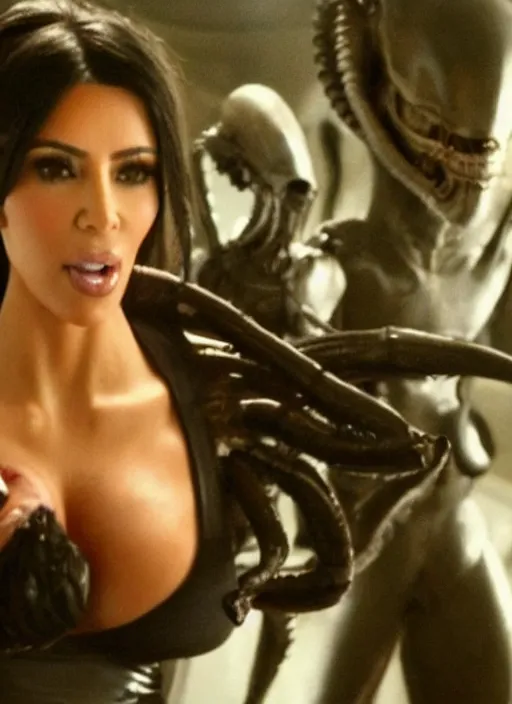 Image similar to film still of kim kardashian being held by an xenomorph in Alien.