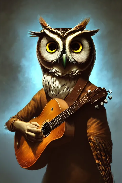 Prompt: portrait of an anthropomorphic owl playing the guitar, dramatic lighting, highly detailed, digital painting, artstation, concept art, smooth, sharp focus, illustration, art by wlop, mars ravelo and greg rutkowski