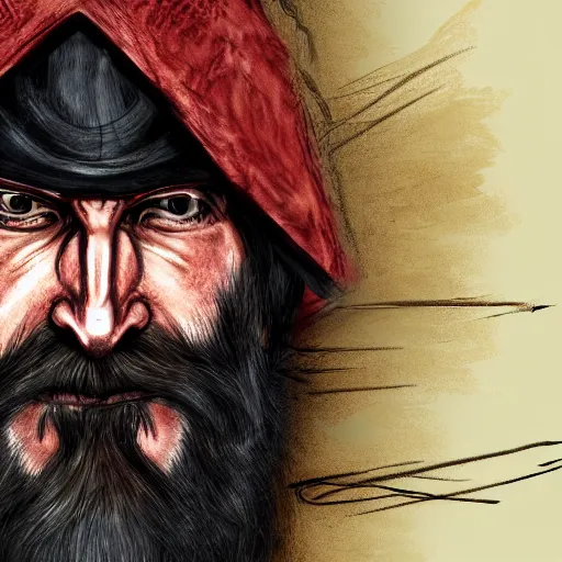 Prompt: dnd render of a man, red, a big black beard, golden eyes, 2 horns protruding out of his forehead which curve back, one is broken at a quarter of the length of the other.