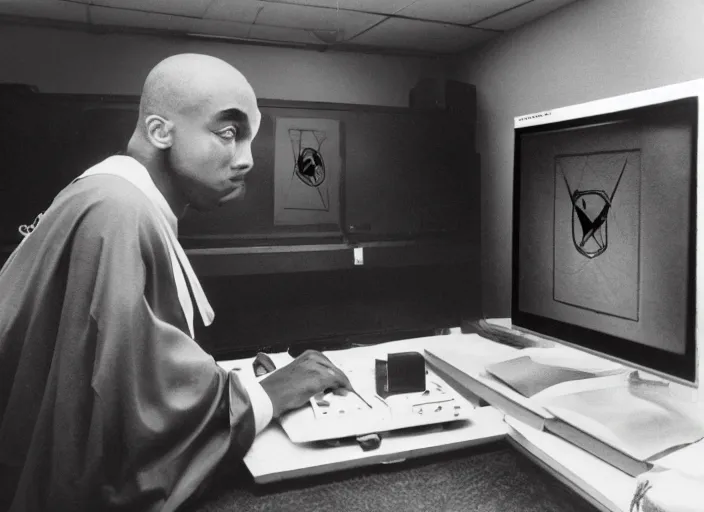 Prompt: over the shoulder shot of a robed illuminati cultist using a computer in a dark laboratory