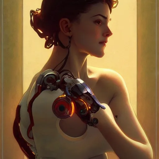 Image similar to female robot, incredibly detailed face, pretty face, true anatomy, art by artgerm and greg rutkowski and alphonse mucha