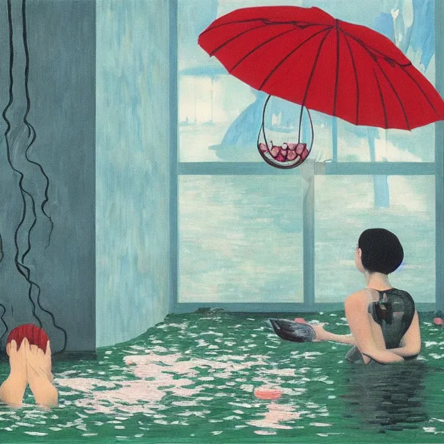 Image similar to painting of flood waters inside an apartment, emo catgirl art student, a river flooding inside, taps with running water, tangelos, zen, pigs, ikebana, water, river, rapids, waterfall, black swans, canoe, pomegranate, berries dripping, acrylic on canvas, surrealist, by magritte and monet