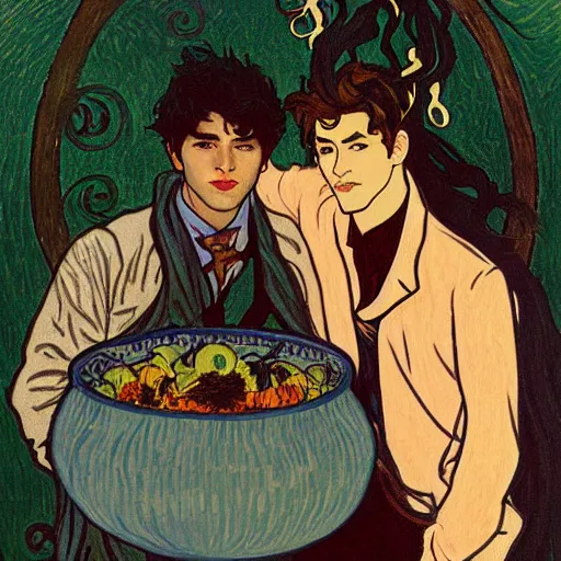 Prompt: painting of young cute handsome beautiful dark medium wavy hair man in his 2 0 s named shadow taehyung and cute handsome beautiful min - jun together at the halloween witchcraft party with bubbling cauldron, melancholy, autumn colors, elegant, ritual, painting, stylized, soft facial features, delicate facial features, art by alphonse mucha, vincent van gogh, egon schiele