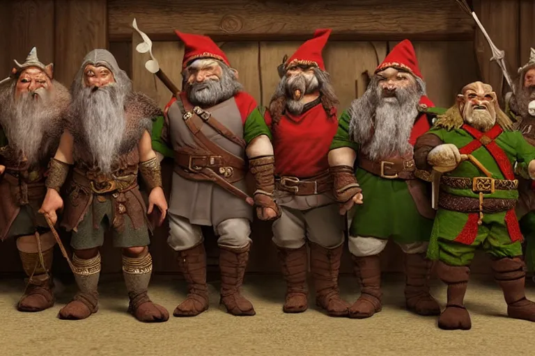 Image similar to A group of high fantasy Orc, Elf, and Dwarf Adventurers lined up for a portrait in a tavern, Screenshot of Wes Anderson's New RPG Movie, Photo realistic, Regal, Formal, Symmetrical, Satisfying, Dynamic lighting, Highly Detailed, Cinematic Lighting, 8k, HD