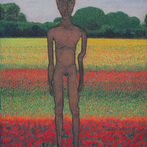 Prompt: human figure standing in a flower field, head of flowers