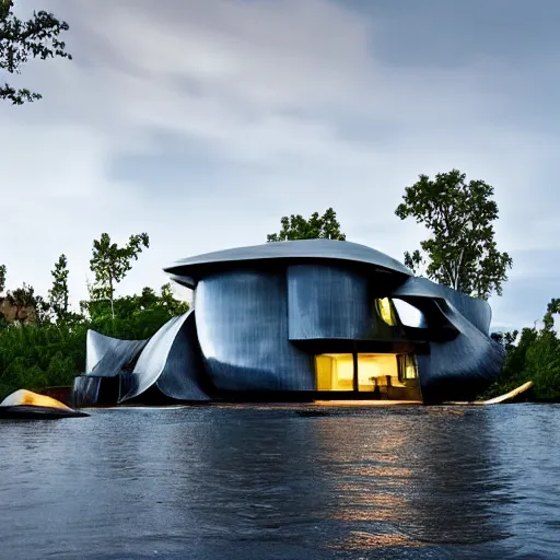 Image similar to a futuristic modern house, on a floating rock island, alien planet covered in water, multiple waterfalls, multiple moons glowing, stars, frank gehry,