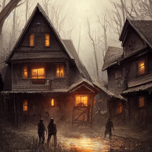 Image similar to two husbands leave each other inside broken wooden house, detailed intricate ink illustration, dark atmosphere, detailed illustration, hd, 4k, digital art, overdetailed art, concept art, by greg rutkowski, by loish, complementing colors, Trending on artstation, deviantart