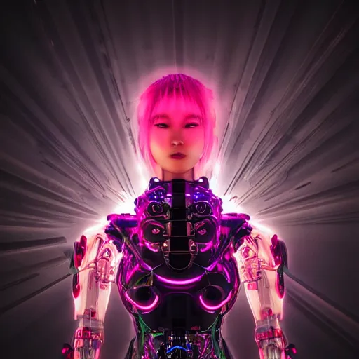 Prompt: beautiful japanese cyborg with led projection skin, neon lighting, techno neon background, portrait photo, octane render