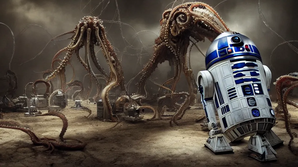 Prompt: r 2 d 2, mixed with an eldritch horror monster, with mechanical tentacles, film still from the movie directed by denis villeneuve with art direction by salvador dali