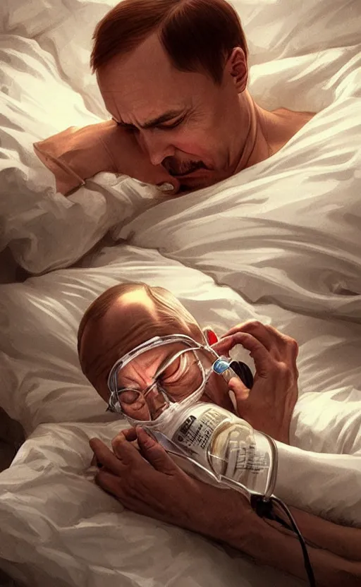 Image similar to Putin sleeps with oxygen mask on a death bed, intricate, portrait, miserable, highly detailed, digital painting, artstation, concept art, smooth, sharp focus, illustration, cinematic lighting, art by artgerm and greg rutkowski and alphonse mucha