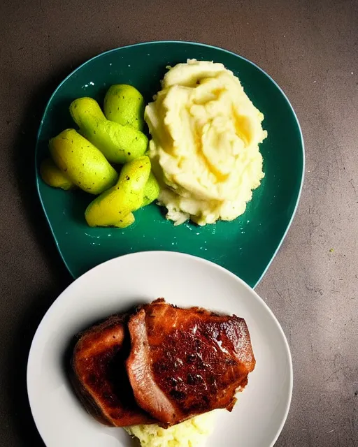 Image similar to green gamer LED porkchops and mashed potatos by razer, HD, trending on artstation, instagram post, lights in food, bright food, LED