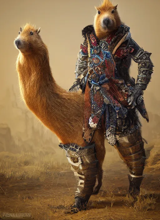 Image similar to detailed full body concept art illustration oil painting of an anthropomorphic capybara cowboy in full intricate clothing, biomutant, ultra detailed, digital art, octane render