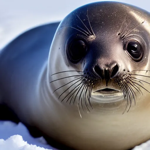 Image similar to Photorealistic photograph of a cute seal pup in snow, photorealism, photorealistic, realism, real, highly detailed, ultra detailed, detailed, cute, emotional, shutter speed 1/1000, 60mm Focal Length, Canon EOS 90D, Wildlife Photographer of the Year, Pulitzer Prize for Photography, 8k