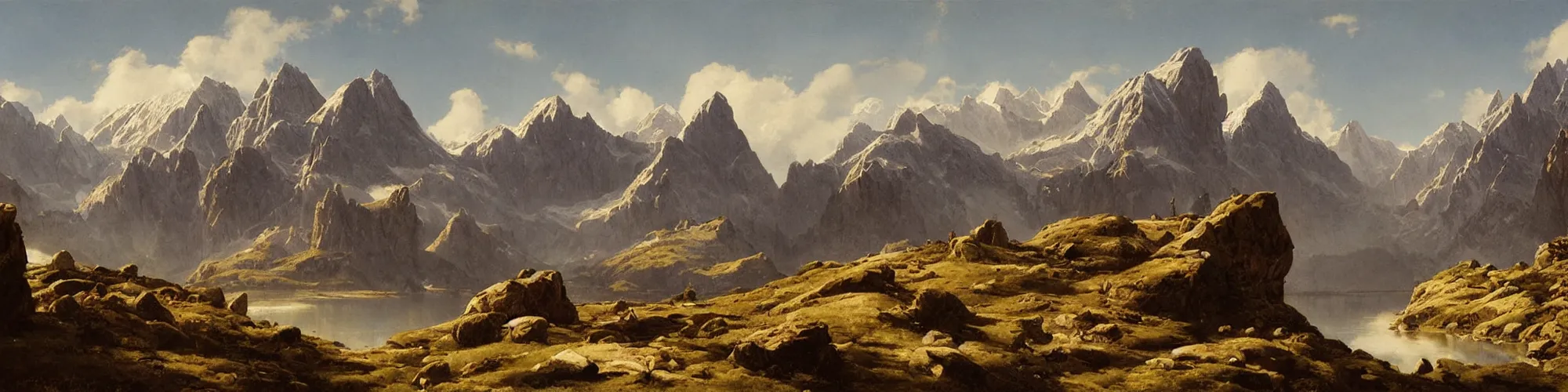 Image similar to rocky mountain range, painting by raphael lacoste