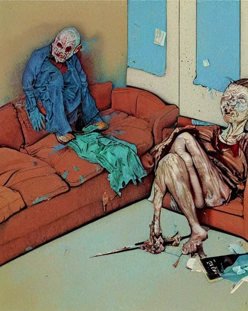 Image similar to old dead couple on couch in a decayed and ruined apartment room in the style of Francis Bacon and Syd Mead and Norman Rockwell and Beksinski, open ceiling, highly detailed, painted by Francis Bacon and Edward Hopper, painted by James Gilleard, surrealism, airbrush, very coherent, triadic color scheme, art by Takato Yamamoto and James Jean