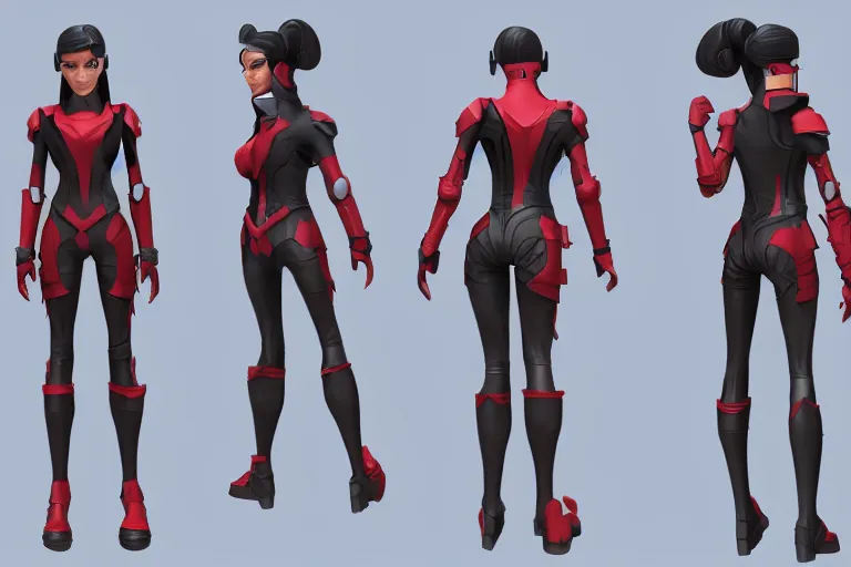 Image similar to 3d model sheet tpose turnaround of a female sci fi character with black hair and red armored sci fi outfit with stylized pixar mom extreme proportions in terms of waist to hip ratio, concept art reference