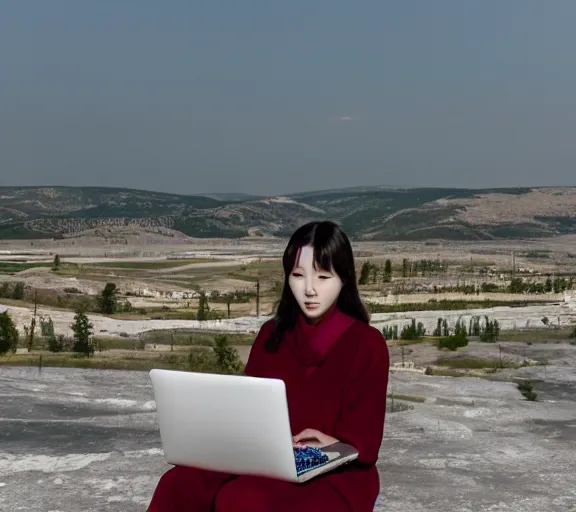 Prompt: Lee Jin-Eun hacking a laptop at Pamukkale by Martine Johanna, rule of thirds, seductive look, beautiful