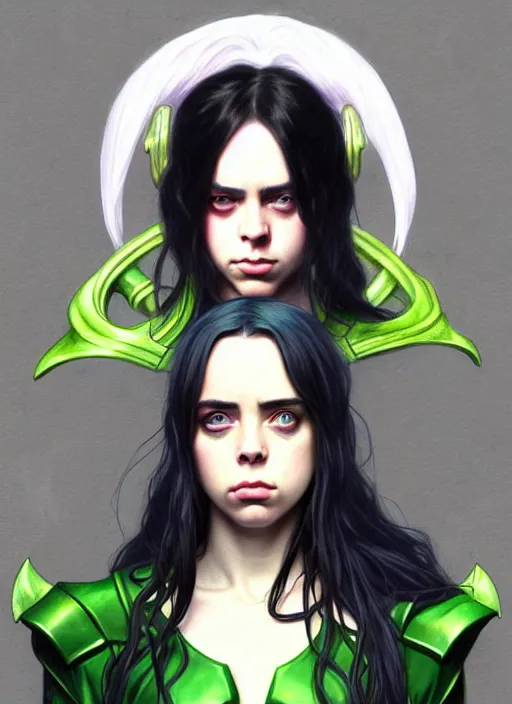 Image similar to Billie Eilish as Female Loki, very detailed, digital art, trending on artstation, concept art, smooth, illustration, art by artgerm and greg rutkowski and alphonse mucha and Edmund Blair Leighton and Katsuhiro Otomo and Geof Darrow and Phil hale and Ashley wood