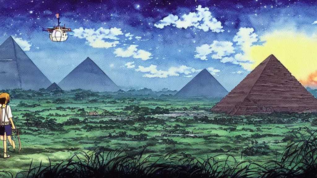 Image similar to a hyperrealist watercolor concept art from a studio ghibli film showing a giant mechanized crocodile from howl's moving castle ( 2 0 0 4 ). a pyramid is under construction in the background, in the rainforest on a misty and starry night. a ufo is in the sky. by studio ghibli