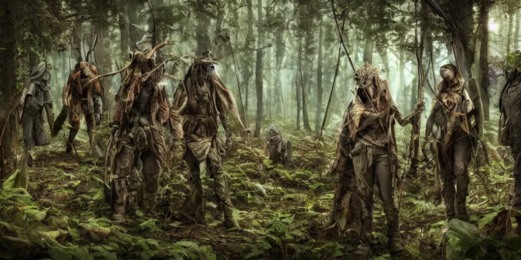 Image similar to forest people hunting in futuristic spiritual mystical post apocalyptic forest from snail on the slope