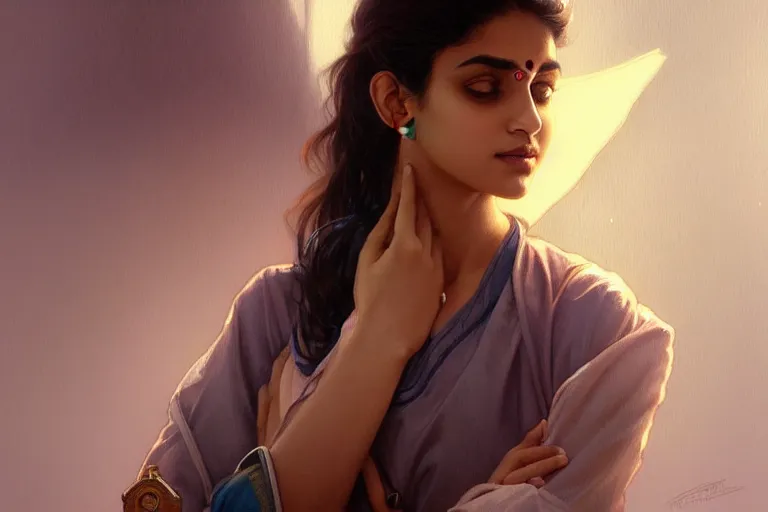 Image similar to Anxious pretty pale young Indian doctor wearing jeans at the airport, portrait, elegant, intricate, digital painting, artstation, concept art, smooth, sharp focus, illustration, art by artgerm and greg rutkowski and alphonse mucha