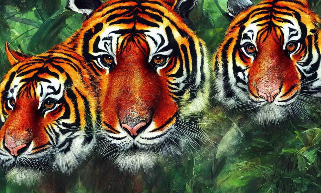 Prompt: a beautiful digital colorful detailed illustration of a fierce tiger in jungle, matte painting