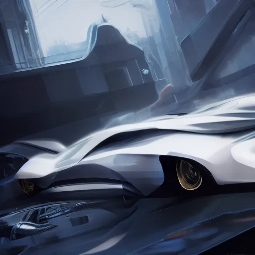 Image similar to full view of a car, painted in white holographic pearlescent, elegant, digital painting, concept art, smooth, sharp focus, art style from Wang Ke and Greg Rutkowski and Bruce Kaiser and Scott Robertson and Dmitry Mazurkevich and Doruk Erdem and Jon Sibal, small style cue from Blade Runner