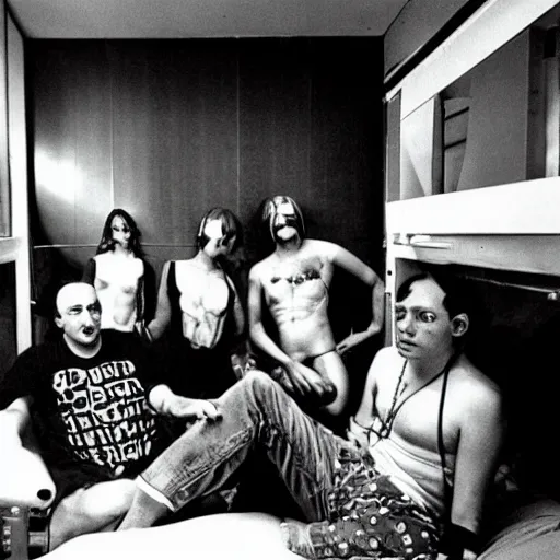 Prompt: a group of cyberpunk people hanging out in a dirty hotel room, 1990s photograph