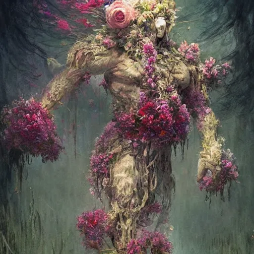 Image similar to a beautiful terrifying monster made of flowers. ethereal horror fantasy art by greg rutkowski and magali villanueve and monet