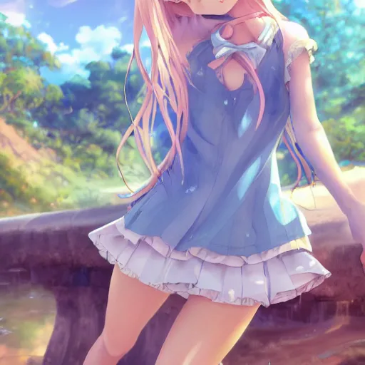 Image similar to a very beautiful anime girl, full body, long blond hair, sky blue eyes, full round face, short smile, mini jeans skirt, cute top, summer lake setting, highly detailed, trending on Artstation, Unreal Engine 4k, cinematic wallpaper by Stanley Artgerm Lau, WLOP, Rossdraws, James Jean, Andrei Riabovitchev, Marc Simonetti, and Sakimichan