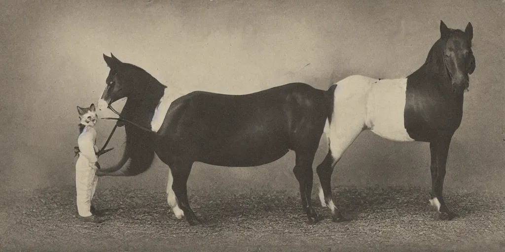 Prompt: a cat sitting on a horse, strange, black and white, photograph, 1850s