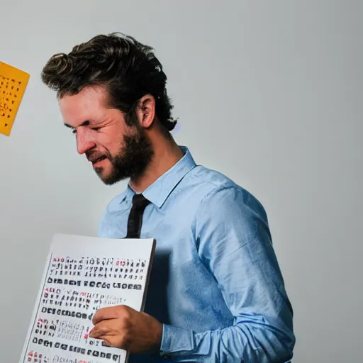 Prompt: photograph. man holding a calendar and crying.