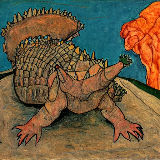 Image similar to painting of an ankylosaurus watching an erupting volcano in the style of egon schiele