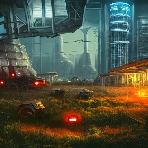 Image similar to fully detailed landscape of a cyberpunk cunderground , watertank, futuristic tractors, farmhouse, mushroom, overgrowth, Ai , Bots , drones , cinematic lightening, in the future, high quality, 8k , octane render, trending on artstation , greg rutowski