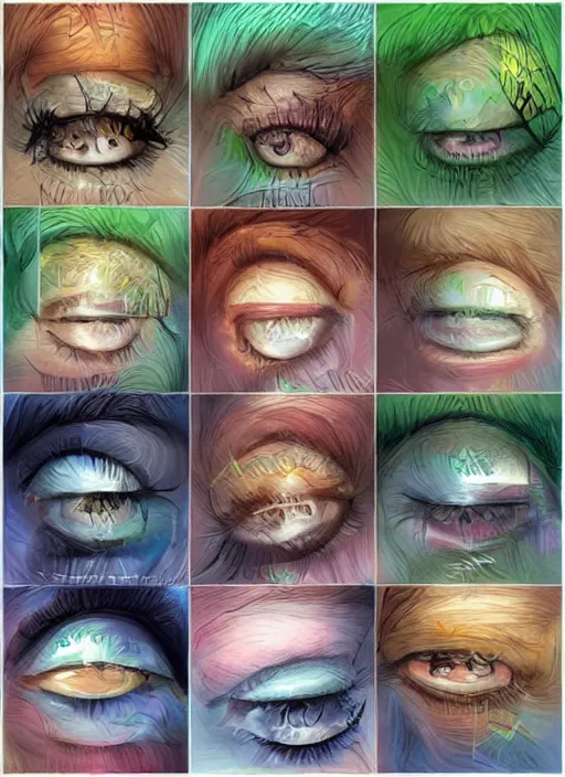 Image similar to grid montage of cube shaped eyes, square shaped black dilated pupils, cube shaped irises, detailed colored textures, eyelashes, advanced art, art styles mix, from wikipedia, wet reflections in square eyes, sunshine light, hd macro photograph, from side, various eyelid positions, square black pupil centered