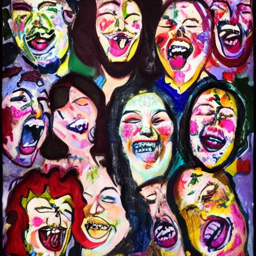 Prompt: various disembodied heads laughing, flowers encircling the heads, color restoration, vibrant, sacred, refined spontaneity, backrooms