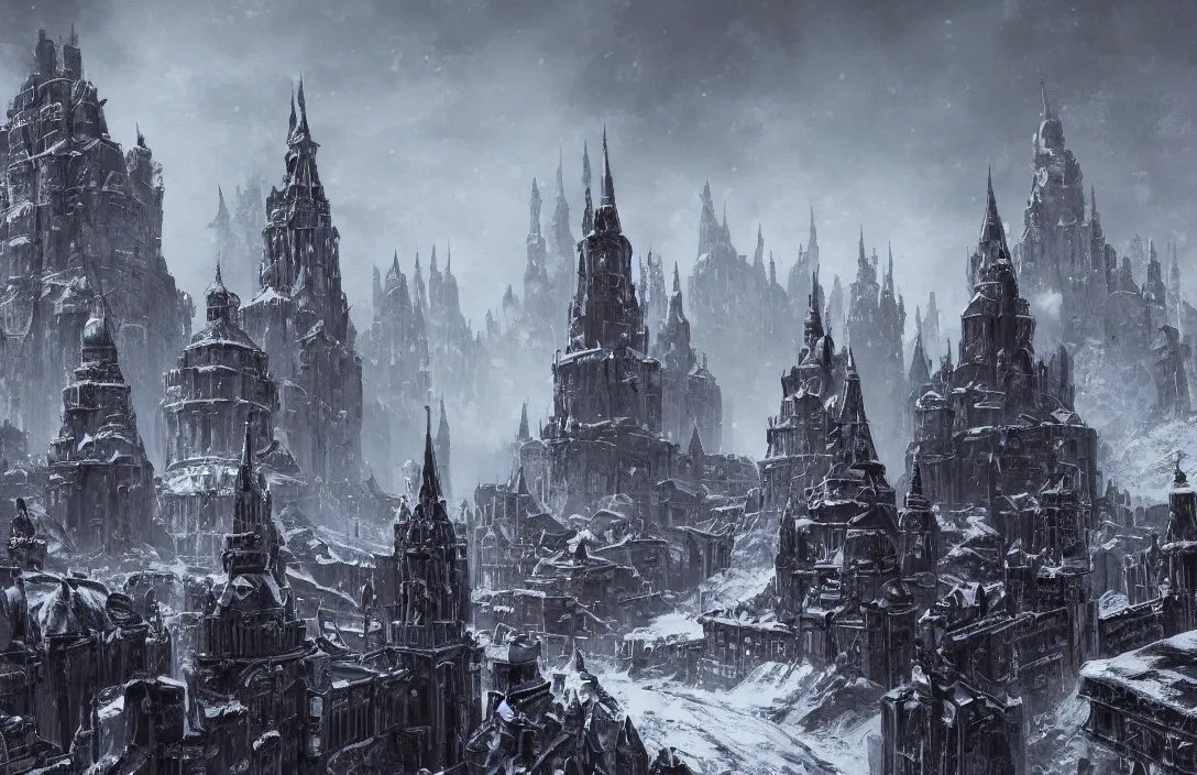 Image similar to The capital of a warhammer 40k imperial russian citadel with black domes and spires, sci fi, located in the frozen northern wastes, soviet tower blocks, neo gothic magnificence, foreboding black steel exterior, snow capped mountains, fantasy, highly detailed, digital painting, artstation, concept art, illustration, art by Bayard Wu and Marc Simonetti and Diego Gisbert Llorens