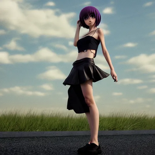 Image similar to beautiful anime woman in 3d style, wearing a skirt and a tanktop, perfect body, standing in the rain, high quality anime art, trending on artstation, 8K octane render