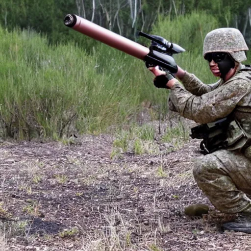 Prompt: a rare military frog equipped with rocket launcher and night vision target acquisition system, photo from us marines training exercise