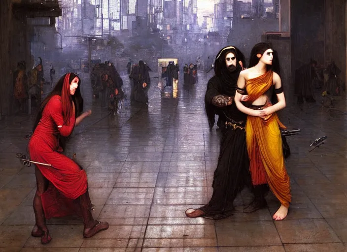 Image similar to Maria evades guards. Cyberpunk hacker escaping Menacing Cyberpunk corporate security. (dystopian, police state, Cyberpunk 2077, bladerunner 2049). Iranian orientalist portrait by john william waterhouse and Edwin Longsden Long and Theodore Ralli and Nasreddine Dinet, oil on canvas. Cinematic, vivid colors, hyper realism, realistic proportions, dramatic lighting, high detail 4k