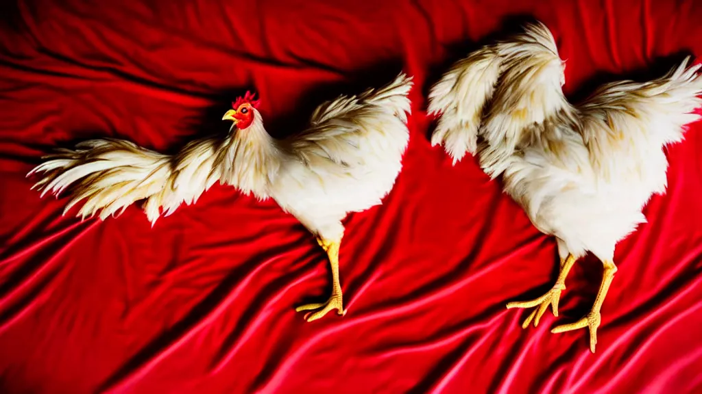 Image similar to A Extremely Stunning Detailed Full body picture of a singular isolated Chicken, lays down across the bed horizontally wearing a red dress while laying on a red Satin bed looking directly at you. 85mm, award winning